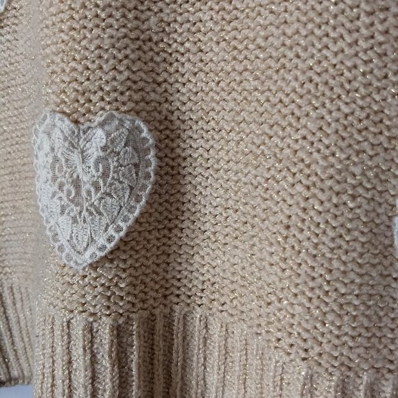 Lauren Conrad LC Pink Sparkle Knit Sweater Lace Heart Applique Large Long Sleeve - Picture 4 of 11